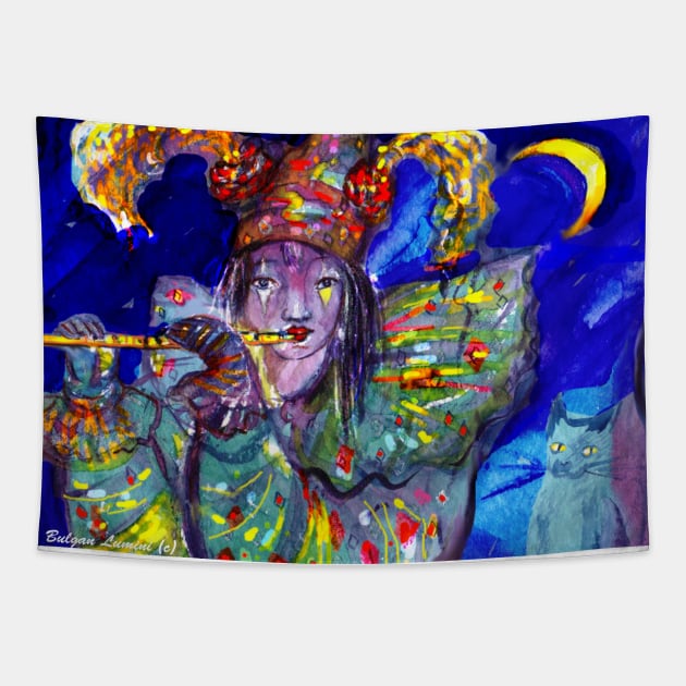 FLUTIST IN BLUE Venetian Masquerade Night Tapestry by BulganLumini