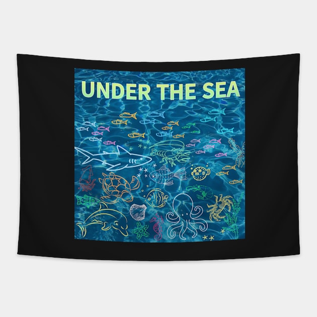 under the sea,blue sea,sea creatures,Turtle, puffer fish, starfish, shrimp, shark, tropical fish, sea horse, seaweed, sardines, squid, crabs, clams Tapestry by zzzozzo