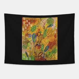 Colorful abstract spring flower explosion in yellow, blue, purple, green, magenta Tapestry