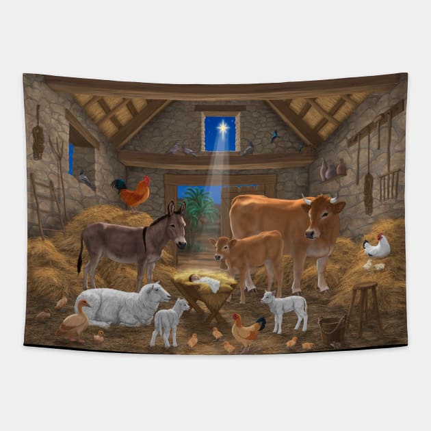 Baby Jesus Divine Manger Holy Night Christmas Nativity Scene Barnyard Farm Animals Tapestry by csforest