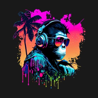 Synthwave Retrowave Monkey with Headphones and Sunglasses Graphic T-Shirt