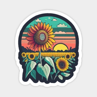 Sunny Field of Sunflowers and Sunset, Retro, Vintage, Yellow Magnet