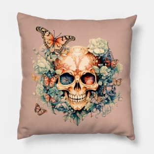 Enchanting Decay, Bloom Skull in a Gothic Garden (Antique Version) Pillow