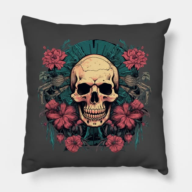 Skull with Tropical Flowers and Tribal Patterns Pillow by TOKEBI