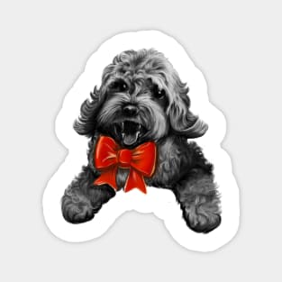 Cute Cavapoo Cavoodle puppy dog with red bow  - Monochrome cavalier king charles spaniel poodle, puppy love Magnet