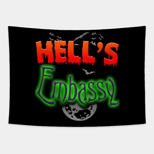 Hells Embassy Halloween Holiday Funny Retro Event Tapestry by Whimsical Splendours