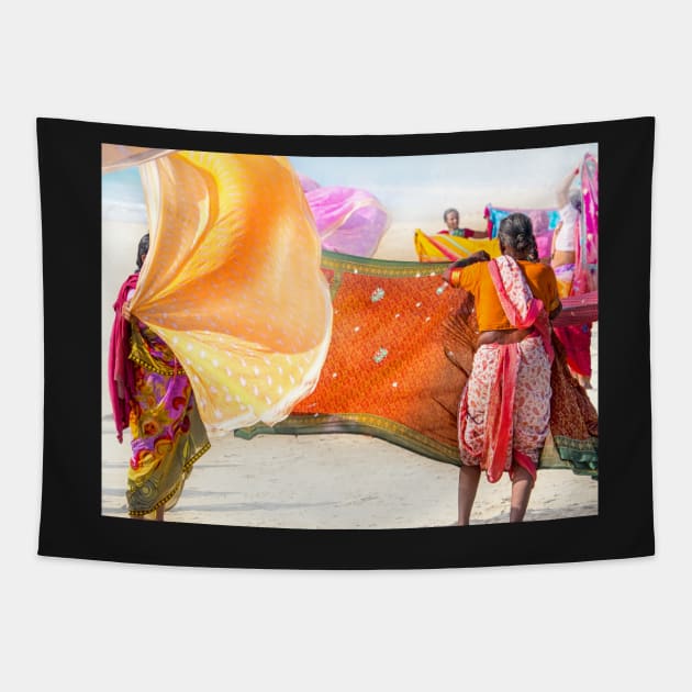 Saris on Gokarna beach Tapestry by geoffshoults