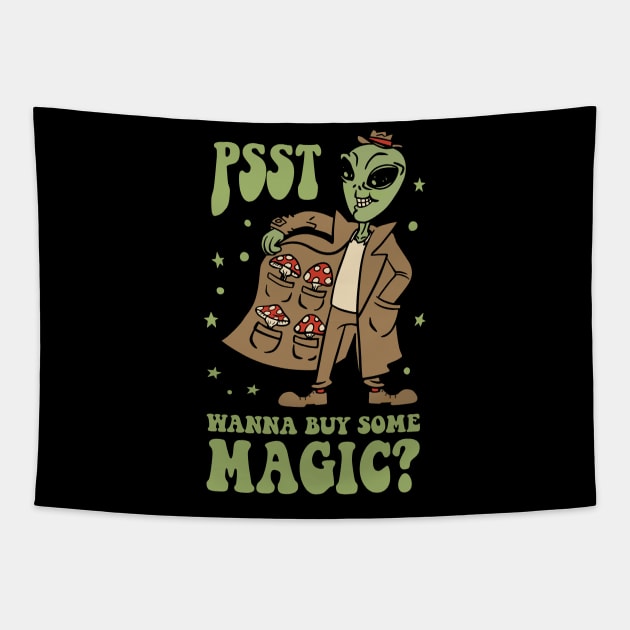 Alien Magic Mushroom Dealer Tapestry by Cosmo Gazoo