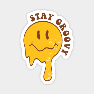 Groovy Melting Smile Face with lettering quote in 70s style. Drippy Smiley Face. Magnet