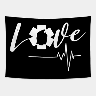 Love Nursing white text design with Nurse star, silhouette and heartbeat Tapestry