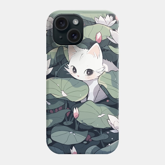 Cute white kitten in a field of lotus flowers Phone Case by etherElric