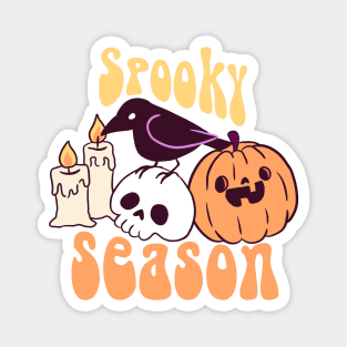 Spooky season a cute crow on a skull with a pumpkin and candles Magnet