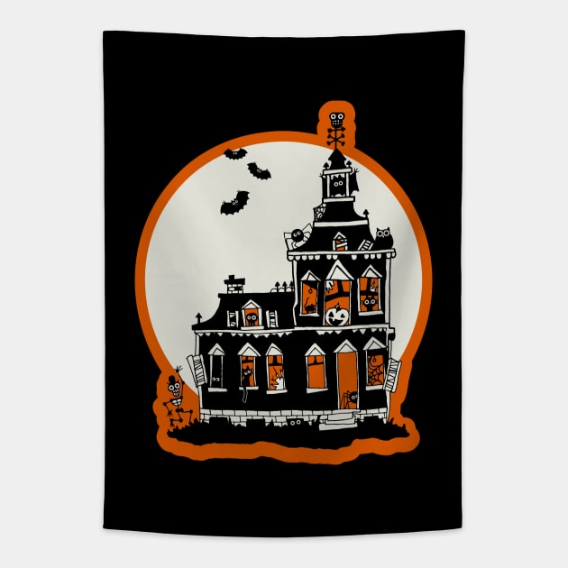 Vintage Style Haunted House - Happy Halloween Tapestry by prettyinink