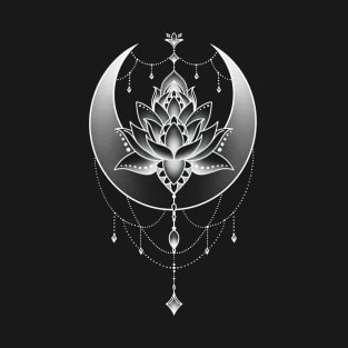 Celestial Crescent Moon and Lotus Flower Design T-Shirt