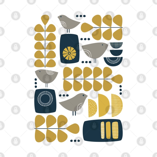 Retro Mid Century Modern Bird and Leaves in Navy Blue, Mustard Yellow and Grey by tramasdesign