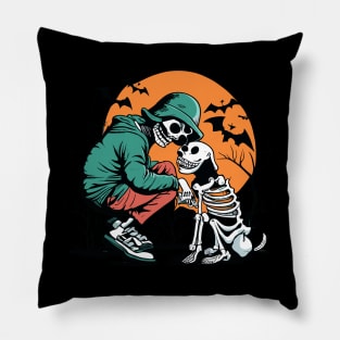 Human Skeleton sitting with Dog Skeleton Pillow