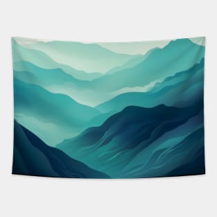 Blue Teal Foggy Mountains Landscape Tapestry