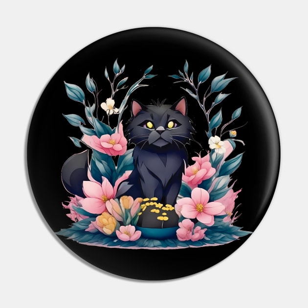 Cute Black Cat Watercolor Art Pin by ImaginativeInkPOD