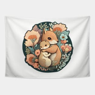 Mother and Baby Squirrel Embracing in Flowers Garden Tapestry