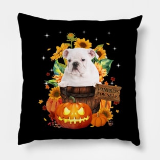 White English Bulldog Halloween Pumpkin Fall Bucket Pillow