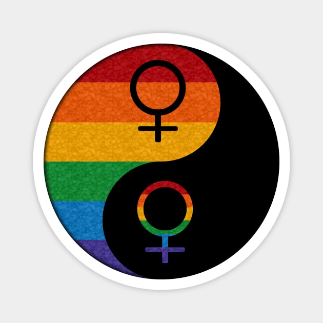 Rainbow Colored Lesbian Pride Yin and Yang with Female Gender Symbols Magnet by LiveLoudGraphics