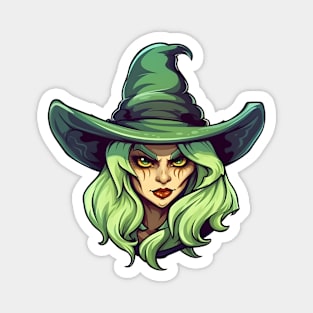 Green witch face with green hair and hat Magnet