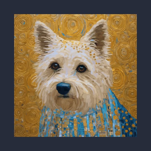 Gustav Klimt Style White Dog with Geometric Blue Garment by bragova