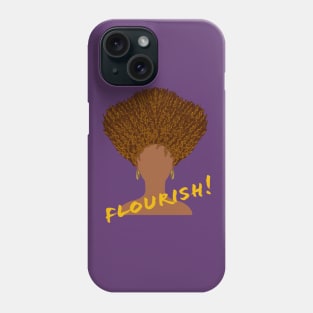 Flourish! Natural Hair Upward Curly Afro with Gold Earrings and Gold Lettering (Purple Background) Phone Case