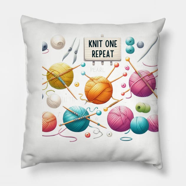 Knit One, Repeat, Knitting Balls of Yarn Pillow by MugMusewear