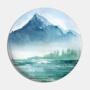 Watercolor painting of lake and misty mountain Pin