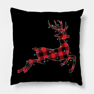 Red Plaid Reindeer Christmas Lights Xmas Holiday Gift Pillow