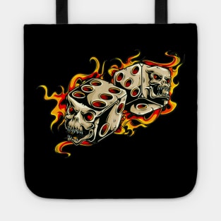 Grinning skull dice and flames Tote