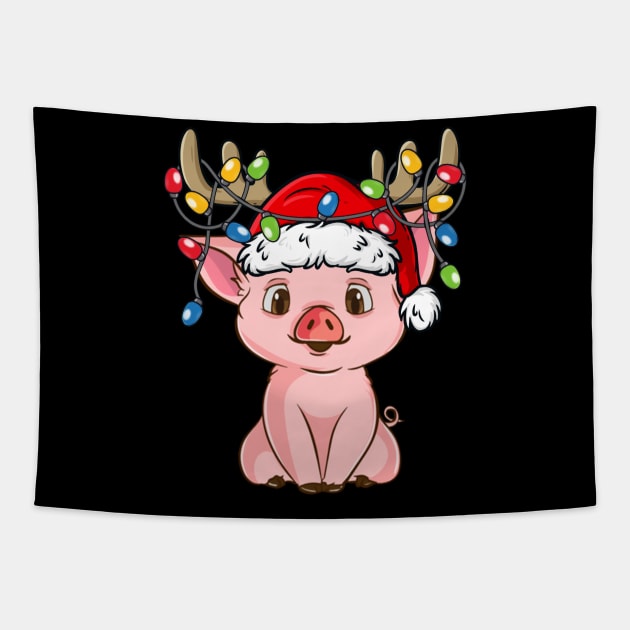 Pig With Santa Hat Reindeer Antlers Christmas Lights Tapestry by Kimko