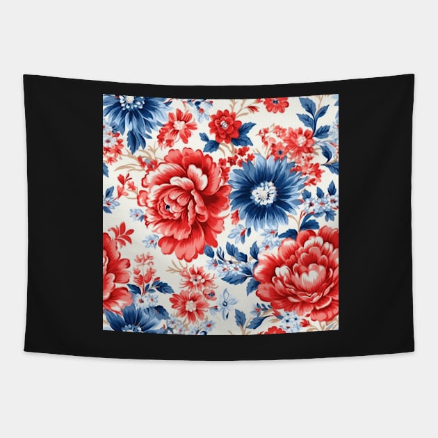 Red White and Blue Patriotic Shabby Floral Tapestry by VintageFlorals
