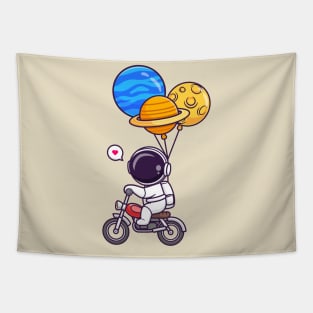 Cute Astronaut Riding Motorcycle With Planet Balloon Cartoon Tapestry