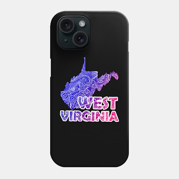 Colorful mandala art map of West Virginia with text in blue and violet Phone Case by Happy Citizen