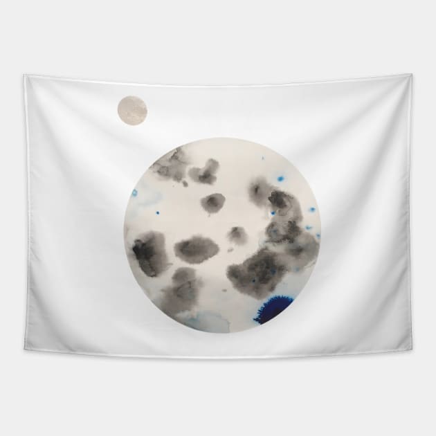 Silver Moon Planet Watercolor with Silver Orb Tapestry by HRothstein