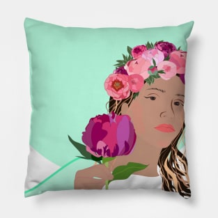 Girl in flower crown on mint background Pillow