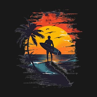 Sunset Surf Serenity - Palm and Surfer Silhouette T-Shirt