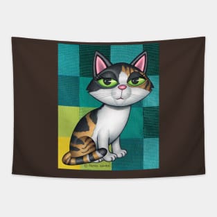 Cute Calico Cat on Greenish and yellow squares Tapestry