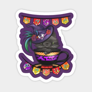 "Hocus Pocus" Black Witch Cat in a Halloween Teacup Magnet