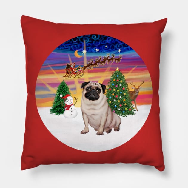 A Fawn Pug Watches Santa Take Off into the Sunset Pillow by Dogs Galore and More