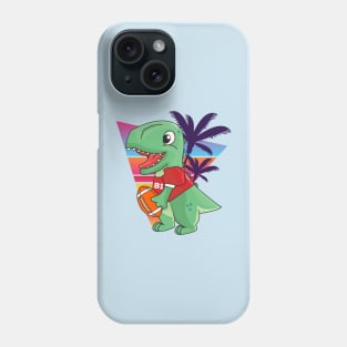 Cute green dinosaur playing American football, retro and palms background Phone Case