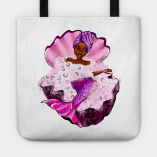 Mermaid spa day in Oyster clam shell 3 - Black anime mermaid in bubble bath. Pretty black girl with Afro hair, green eyes, Cherry pink lips and dark brown skin. Hair love ! Tote