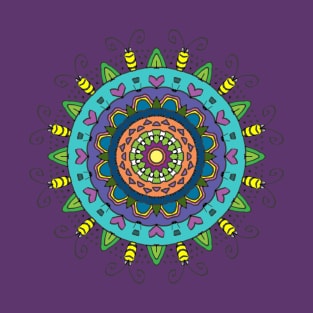 Colorful Mandala with Hearts and Bugs on Purple T-Shirt