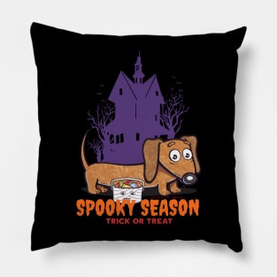 Funny and cute haunted house Doxie Dachshund during spooky season with scary house and trees Pillow