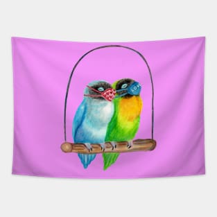 Sleepy Lovebirds Wearing Masks Illustration Tapestry