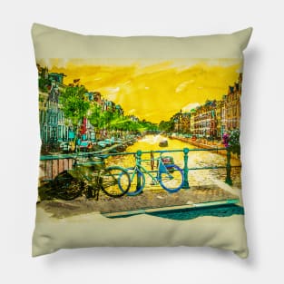 AMSTERDAM, I Love Netherlands Watercolor Canals Fine Art Pillow