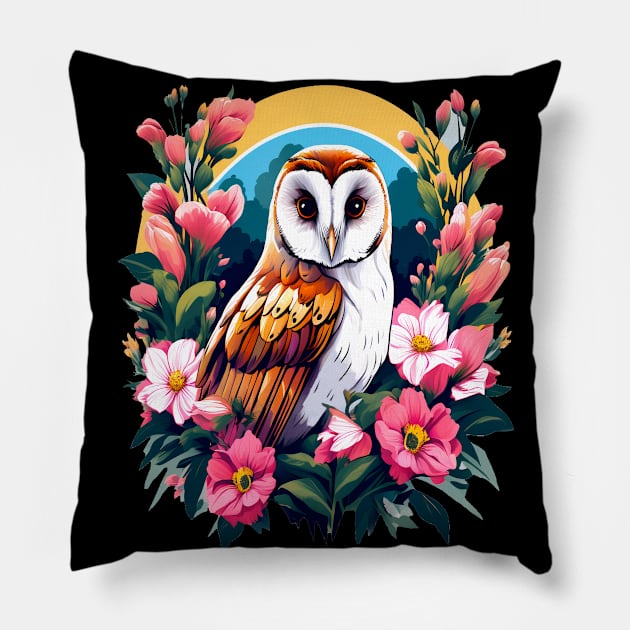 Cute European Barn Owl Surrounded by Bold Vibrant Spring Flowers Pillow by BirdsnStuff