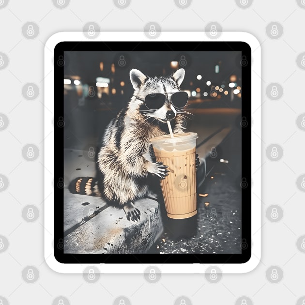 Raccoon-Drinking-Iced-Coffee Magnet by dtr_art
